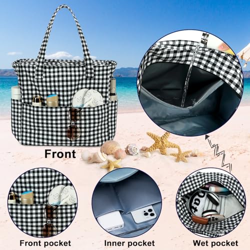 Beach Bags for Women (Black White Checkered-1)