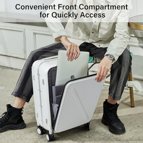 Wide Handle Luggage with Front Pocket Hardshell Aluminium Check In Suitcase with Wheels Medium 24 Inch Front Opening Checked Luggage with Spinner Wheels TSA Lock Airline Approved Luggage (Checked Medium 24 Inch / White)