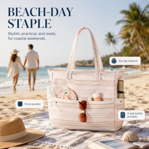Waterproof Beach Tote Pool Bags for Women Ladies Extra Large Carry On Bag With Wet Compartment for Weekender Travel (Khaki Irregular Stripes)