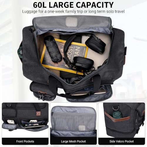 Duffle Bag for Men 60L Travel Canvas Weekender with Toiletry Bag (Classic Black)