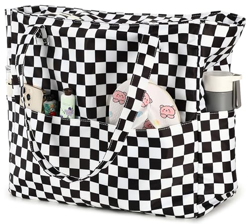 Waterproof Beach Tote Pool Bags for Women Ladies Extra Large Gym Tote Carry On Bag With Wet Compartment for Weekender Travel (Checked Black White)