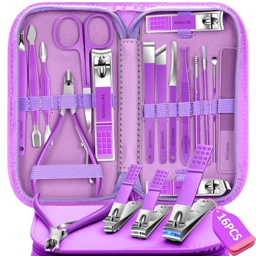 Manicure Set 16Pcs Professional Stainless Steel Pedicure Kit Mens Grooming Kit Fingernail & Toenail Clippers Set Manicure Kit with Luxurious Travel Bag (16Pcs-Purple)