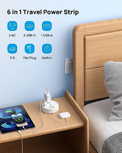 20W USB C Travel Power Strip (5ft Fully Retractable Cord / PD 20W USB C / White)
