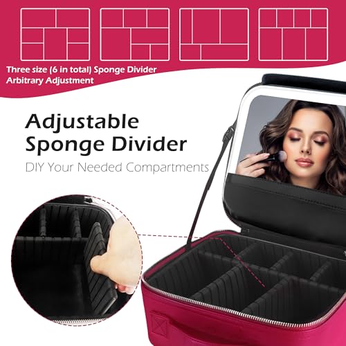 Travel Makeup Bag Cosmetic Bag Makeup Organizer Bag with Lighted Mirror (Rose Red / Woven)