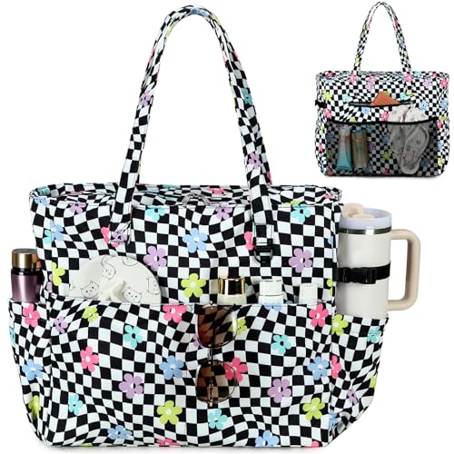 Large Beach Pool Bag for Women (Black White Checkered-colorful Flowers)