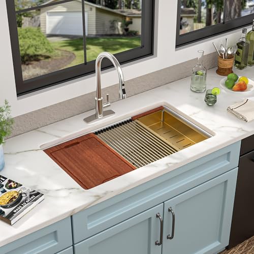 33"x19" White Undermount Sink Workstation (33"x19"x10" / White Gold)