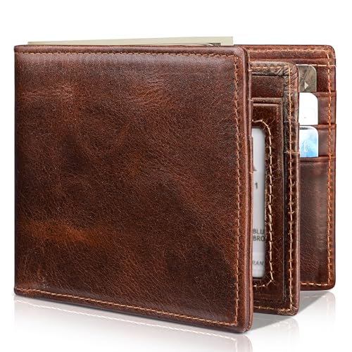 Mens Wallet Bifold Genuine Leather RFID Blocking Wallet for Men with 1 ID Windows 13 Card Holders 2 cash pockets 1 Gift Box (Deep Brown)