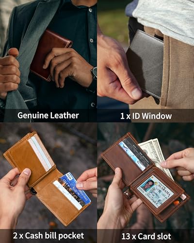 Mens Wallet Bifold Genuine Leather RFID Blocking Wallet for Men with 1 ID Windows 13 Card Holders 2 cash pockets 1 Gift Box (Deep Brown)