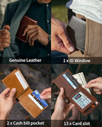 Mens Wallet Bifold Genuine Leather RFID Blocking Wallet for Men with 1 ID Windows 13 Card Holders 2 cash pockets 1 Gift Box (Deep Brown)