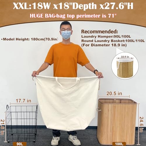 Canvas Laundry Bag with Handles & Square Base (Beige XXL | Square Base / 18"Wx18"Depthx27.6"H)