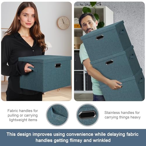 Storage Bins with Lids Fabric Closet Organizers Cubes Office Organization (Blue-Green / Large -3 Pack)