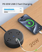20W USB C Travel Power Strip (5ft Fully Retractable Cord / PD 20W USB C / Black)