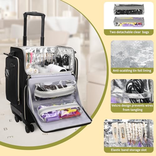 Hairstylist Traveling Case with 4 Clear Travel Makeup Bags Set (Black-with 4 Clear Bags / XL)