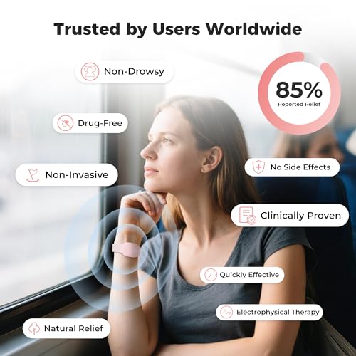 Fashion FDA Cleared Relieve Nausea Electrode Stimulator Morning Sickness Motion Travel Sickness Vomit Relief Rechargeable No Gel Drug Free Wrist Bands Without Side Effects (Pink)