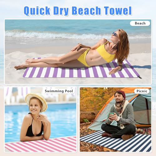 2 in 1 Microfiber Beach Towel (L 60"x30"+24"x15" / Purple Stripe)