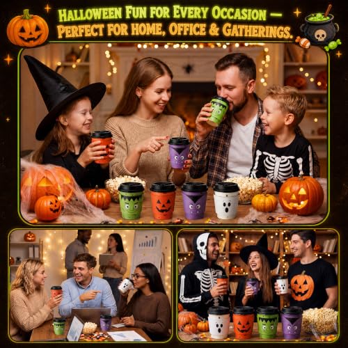 48 Sets 8 oz Halloween Disposable Coffee Cups with Lids and Sleeves (Monster)