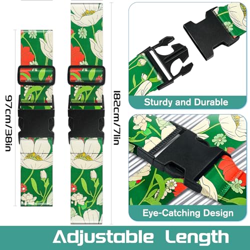 Luggage Straps for Suitcases Travel Belt Accessories Luggage Connector Identifiers Over Handle with Buckle Unique Nylon Adjustable Strap for Sleeping Bag Car Seat Green (White Flower)
