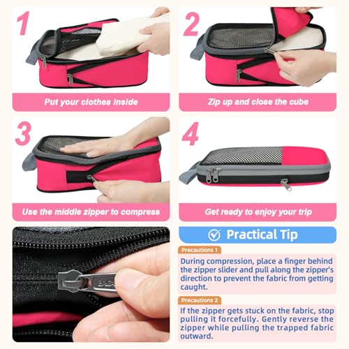4 Set/6 Set/8 Set Compression Packing Cubes Travel Accessories Expandable Packing Organizers (Half Mesh, 6-Fuchsia) (6-Fuchsia / Half Mesh)