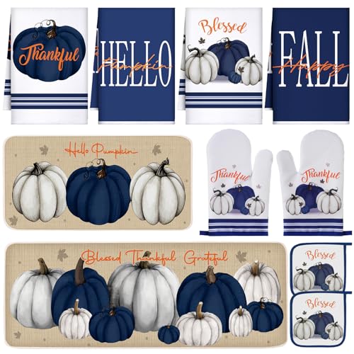 10 Pcs Fall Thanksgiving Pumpkin Kitchen Decor Set Blue White (Blue / Modern Style)
