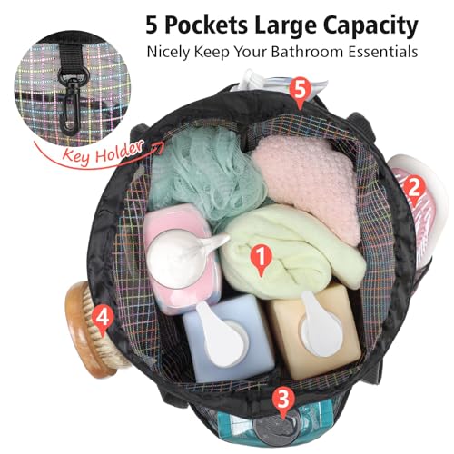 Mesh Shower Caddy Portable with Drawstring (Black Grid)