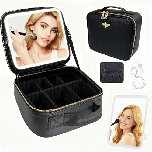 Travel Makeup Bag with Light Up Mirror (Pure Black)