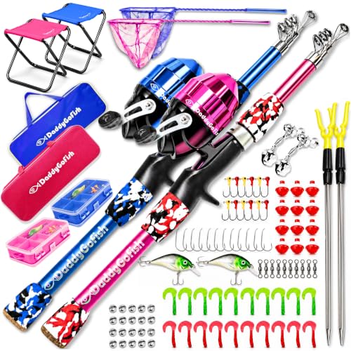 Kids Fishing Pole For Boys (2 Pack- Blue + Pink (Complete Set) / 4ft)