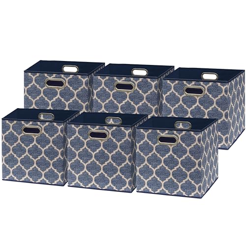 11 Inch Foldable Cube Storage Bins with Handle (6 Pack - 10.5" x 10.5" x 11" / Steel Blue)
