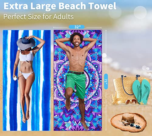 Microfiber Beach Towel Oversized 71x32 Multiple with Bag 4 Pack Bulk (4 Pack Coconut Tree Turtle Stripe Mandala / 71"x32")