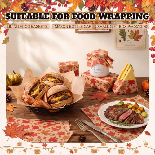 100 Pcs Fall Maple Leaves Wax Paper Sheets for Food Wrapping (Colorful / Maple Leaves)