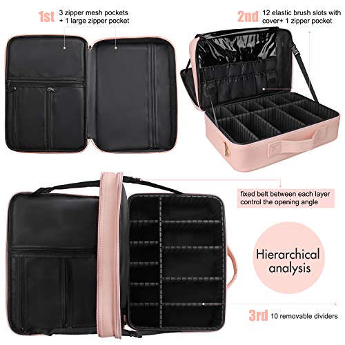 Makeup Case Large Makeup Bag Professional Train Case 16.5 inches Travel Cosmetic Organizer Brush Holder Waterproof Makeup Artist Storage Box (Large / Pink)