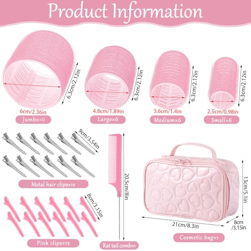 4 Sizes Hair Rollers for Women Pink Curlers Set with Gift Makeup Bag (Light Pink)
