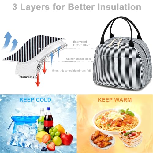 Lunch Bag for Women Men Cute Corduroy Lunch Tote Bags Reusable Insulated Lunch Box Large Capacity Reusable Insulated Cooler for Work Picnic or Travel (Corduroy Black-white stripes / 10L)
