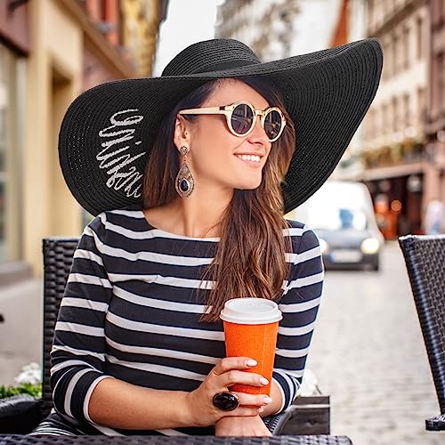 Big Straw Sun Hats for Women Floppy Foldable Roll up Beach Cap Sun Hat UPF 50+ Vacation Honeymoon Embroidered Hat (Ae Hello Sunshine A: Black)