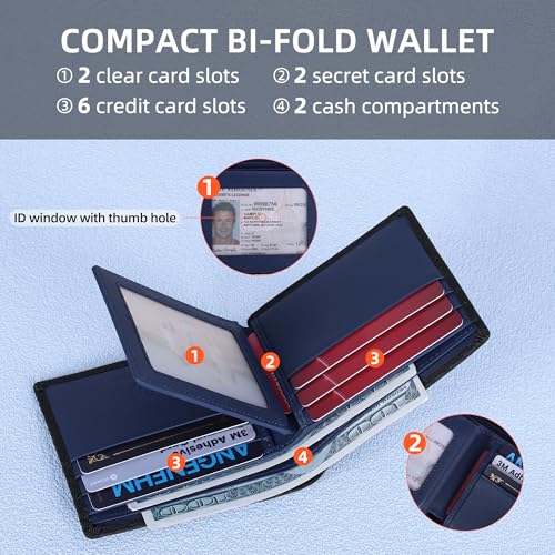Leather Mens Bifold RFID Blocking Wallet with 2 ID Windows (Black+Blue)