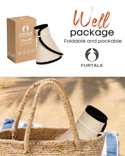 Womens Sun Hat with Ponytail Hole Wide Brim Beach Straw Visor (Medium / Beige With Black)