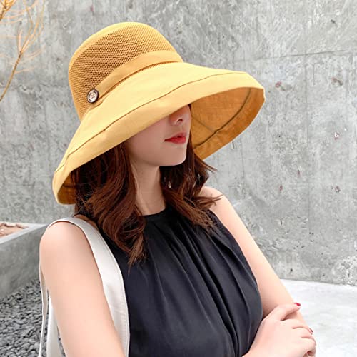 Women Mesh Crown Wide Brim Sun Hats Summer UV Protection UPF Hat for Beach Hiking Garden Travel Lawn Work Chin Strap (One Size / B5-fyu001-yellow)