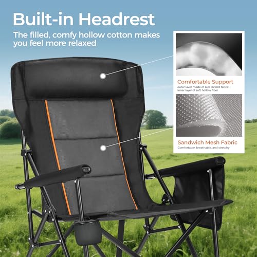 Heavy Duty 550LBS Padded Camping Chairs with Lumbar Support (Black / 1PC)