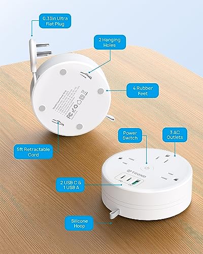 20W USB C Travel Power Strip (5ft Fully Retractable Cord / PD 20W USB C / White)