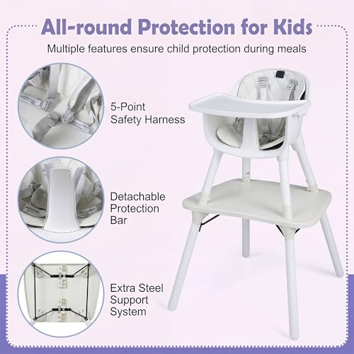 6-in-1 High Chair, Convertible Highchair for Babies and Toddlers/Kids Chair Table Set/Infant Feeding Chair w/Safety Harness, PU Leather Cushion & Removable Food Tray (White) (White)