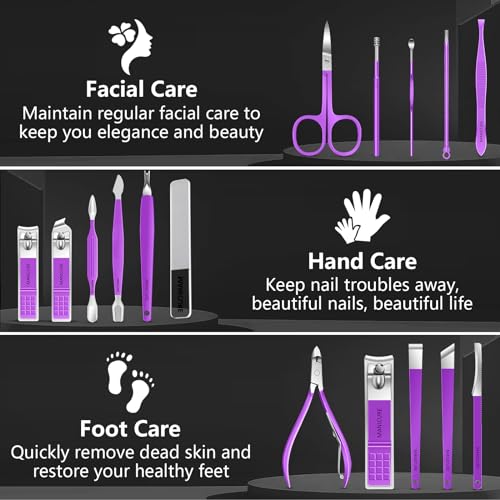 Manicure Set 16Pcs Professional Stainless Steel Pedicure Kit Mens Grooming Kit Fingernail & Toenail Clippers Set Manicure Kit with Luxurious Travel Bag (16Pcs-Purple)