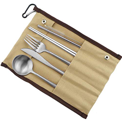 Reusable Travel Utensils (Khaki Pouch / Silver)
