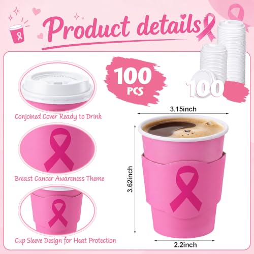 100 Sets 8 oz Breast Cancer Coffee Cups with Lids and Sleeves (Breast Cancer)