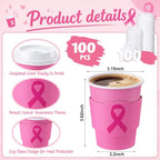 100 Sets 8 oz Breast Cancer Coffee Cups with Lids and Sleeves (Breast Cancer)