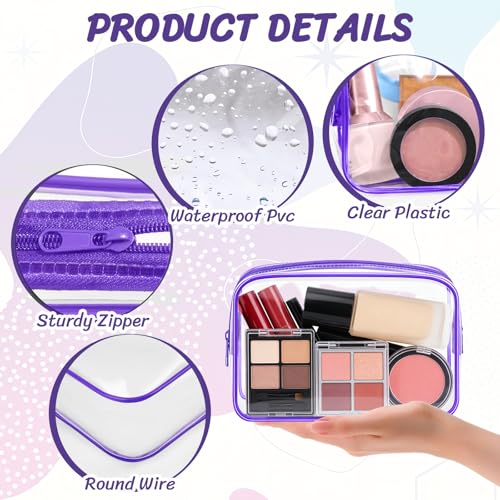 12PCS Clear Makeup Bag Transparent PVC Makeup Bag Waterproof Plastic Zipper Pouches Travel Toiletry Organizer Cosmetic Storage Case for Women Traveling Bathroom (Medium / Purple)