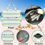Waterproof Beach Tote Pool Bags for Women Ladies Extra Large Gym Tote Carry On Bag With Wet Compartment for Weekender Travel (Sage Green Stripe)