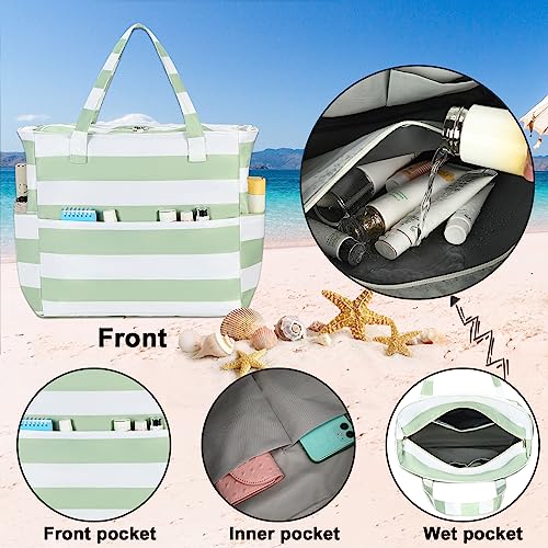 Waterproof Beach Tote Pool Bags for Women Ladies Extra Large Gym Tote Carry On Bag With Wet Compartment for Weekender Travel (Sage Green Stripe)