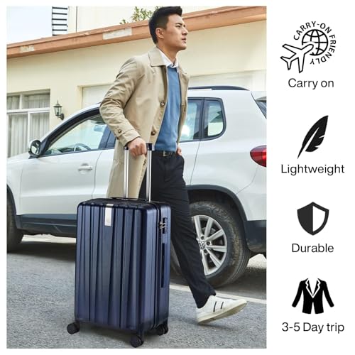 20 Inch Carry On Luggage 22x14x9 Airline Approved Lightweight PC Hard Shell Suitcases with Wheels Travel Luggage Rolling Suitcase Travel Luggage Bag for Weekender (20 Inch / Dark Blue)