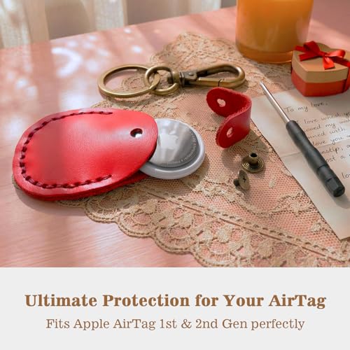 Genuine Leather Airtag Holder Compatible with Apple AirTag Keychain 2nd & 1st Gen (True Red)