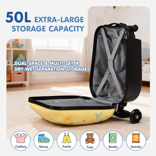 4-in-1 Dinosaur Scooter Luggage for Kids, Detachable Ride-On Suitcase (Yellow / 22-inch)