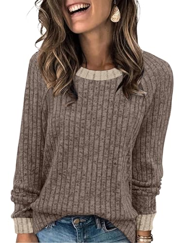 Long Sleeve Shirts for Women Trendy Casual Womens Fall Fashion 2026 Blouses Tunic Tops Loose Fit Dressy Cute Tops Teacher Spring Outfits Chocolate Brown (X-Large / 01-khaki)